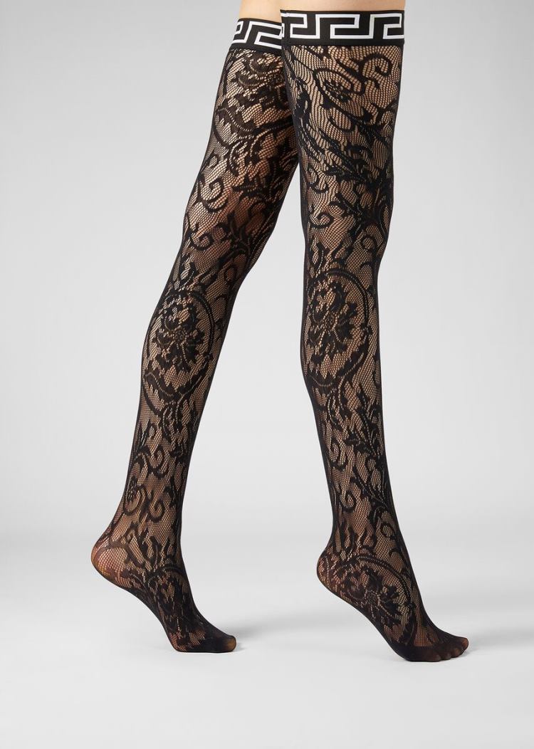 Bielizny Damskie Versace Greca Border Tights Czarne | 0N1DO6JH5
