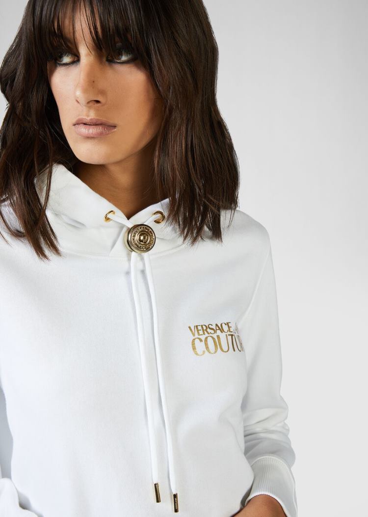 Bluzy Z Kapturem Jeans Couture Versace Jeans Couture Logo Bolo Tie Hoodie Białe | 3F5FP7VK3