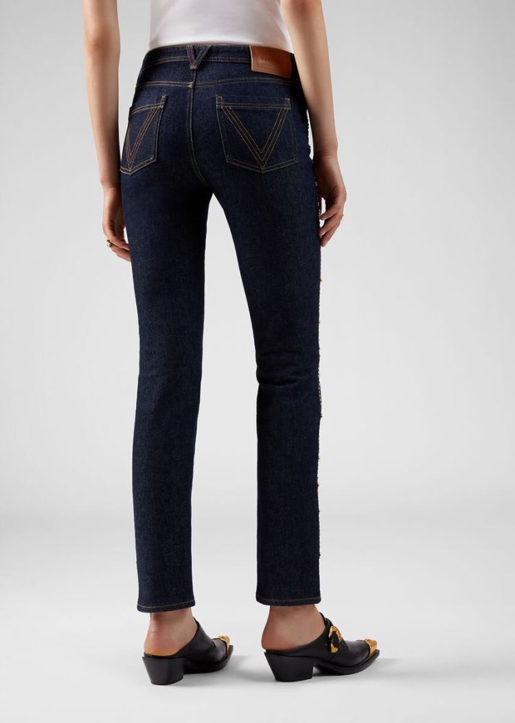 Jeansy Damskie Versace Studded Jeans Niebieskie | KLZ3SKHX5