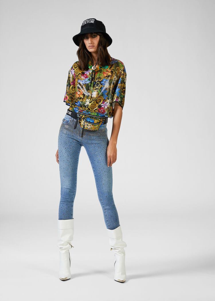 Jeansy Jeans Couture Versace Jeans Couture Studded Cropped Jeans Niebieskie | K3FJRUEUA