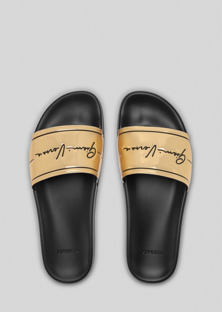 Klapki Męskie Versace Gold-Tone GV Signature Slides Złote | ZTCF404PA