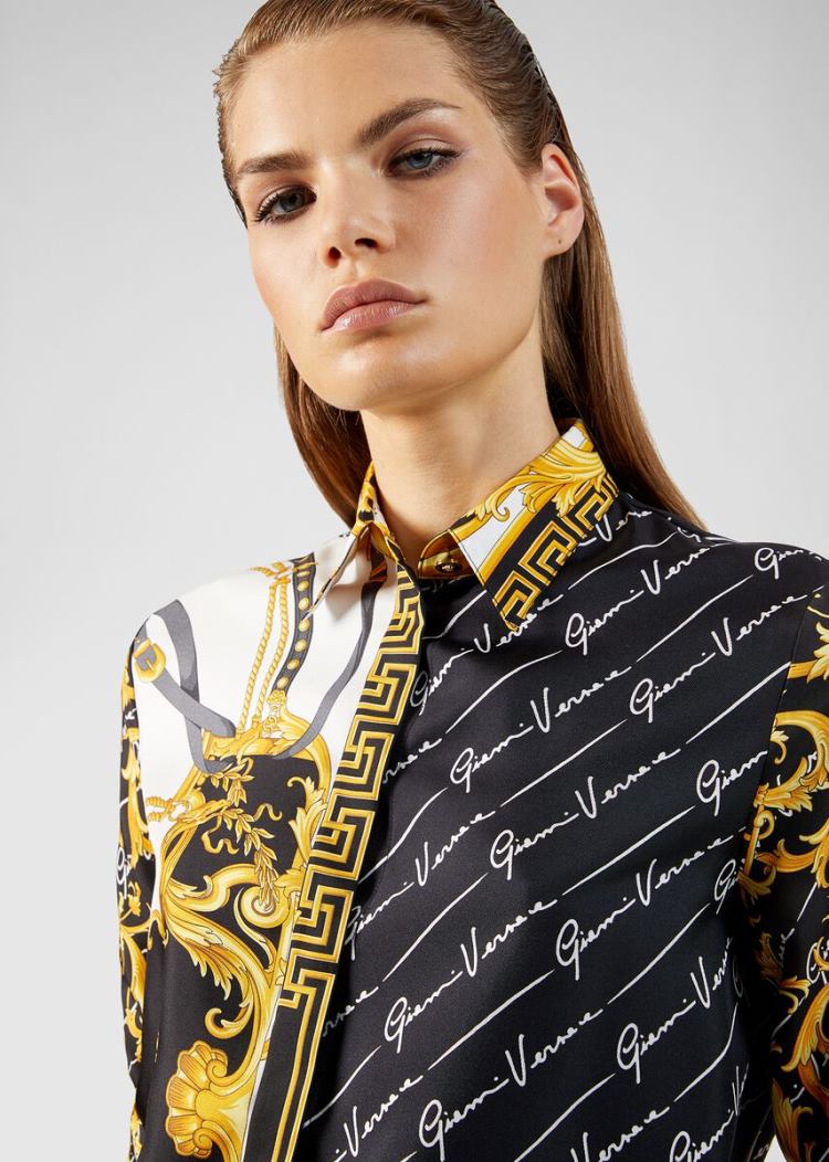 Koszule Damskie Versace Bluzki Barocco Signature Print Silk Shirt Kolorowe | 4TF1X5ONJ