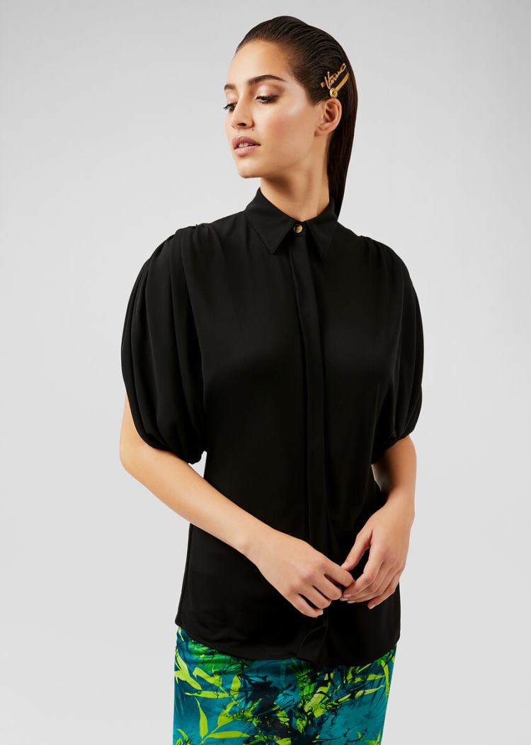 Koszule Damskie Versace Bluzki Draped Crêpe Shirt Czarne | 9HREXALTY