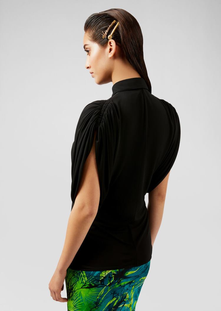 Koszule Damskie Versace Bluzki Draped Crêpe Shirt Czarne | 9HREXALTY