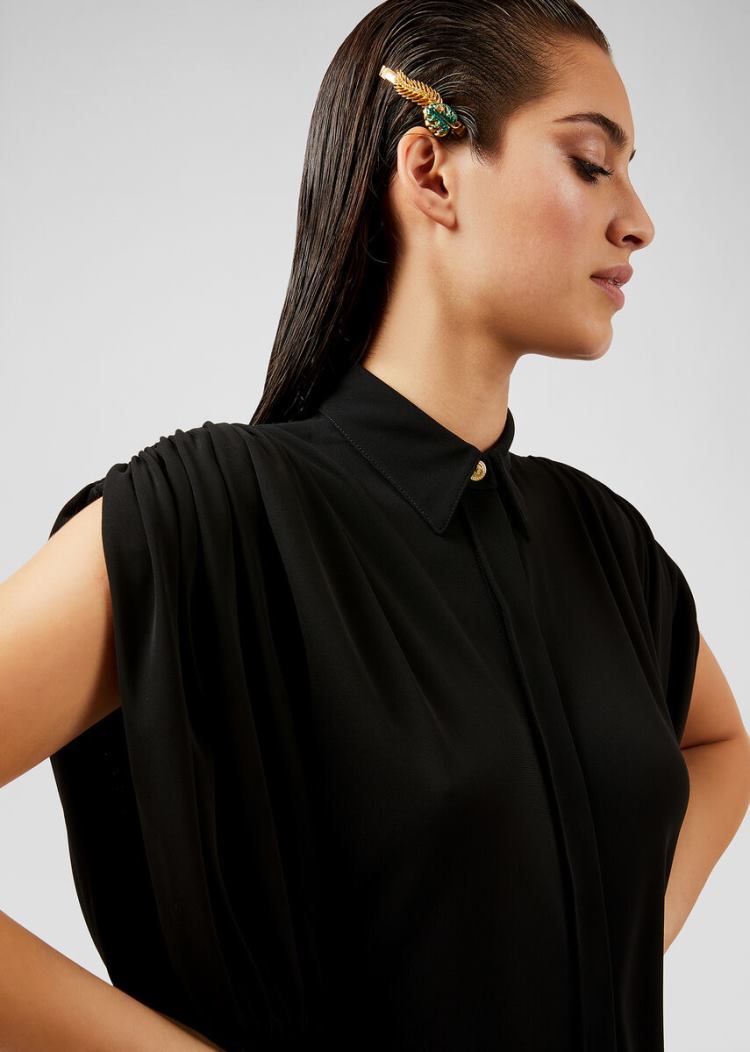 Koszule Damskie Versace Bluzki Draped Crêpe Shirt Czarne | 9HREXALTY