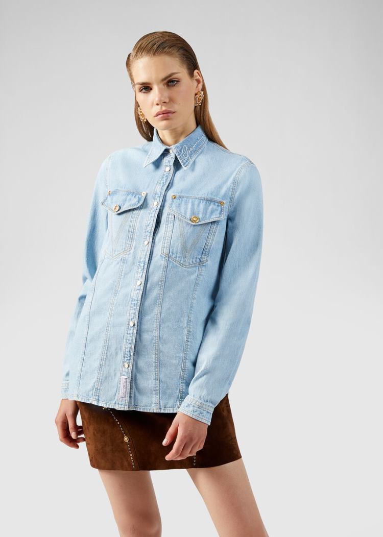 Koszule Damskie Versace Denim Signature Denim Shirt Głęboka Niebieskie | O7DW8O8TY