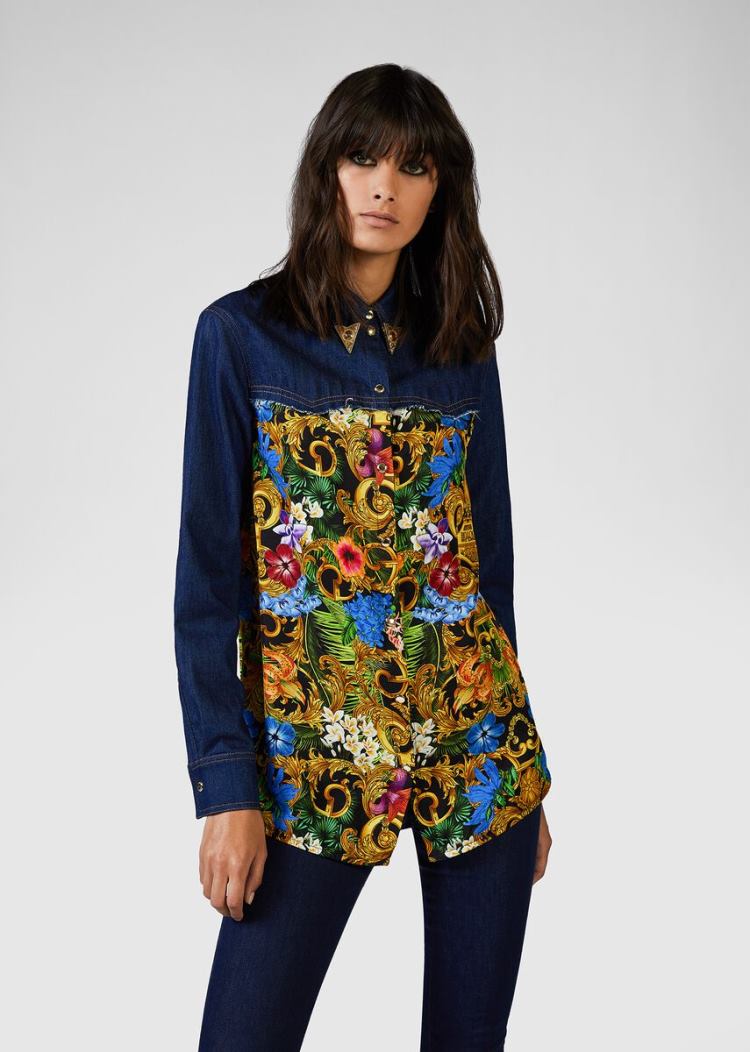Koszule Jeans Couture Versace Jeans Couture Tropical Baroque Insert Denim Shirt Kolorowe | 0L4RODHUX