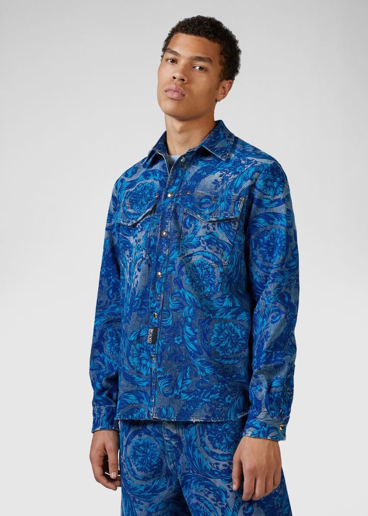 Koszule Jeans Couture Versace Jeans Couture Baroque Print Denim Shirt Niebieskie | 92TKYLOL7