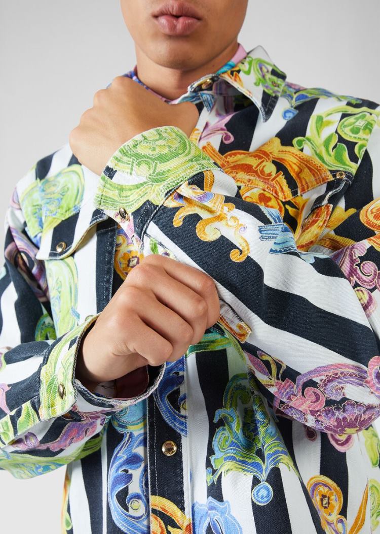 Koszule Jeans Couture Versace Jeans Couture Striped Baroque Jewels Print Denim Shirt Białe | XNTC3IXJC