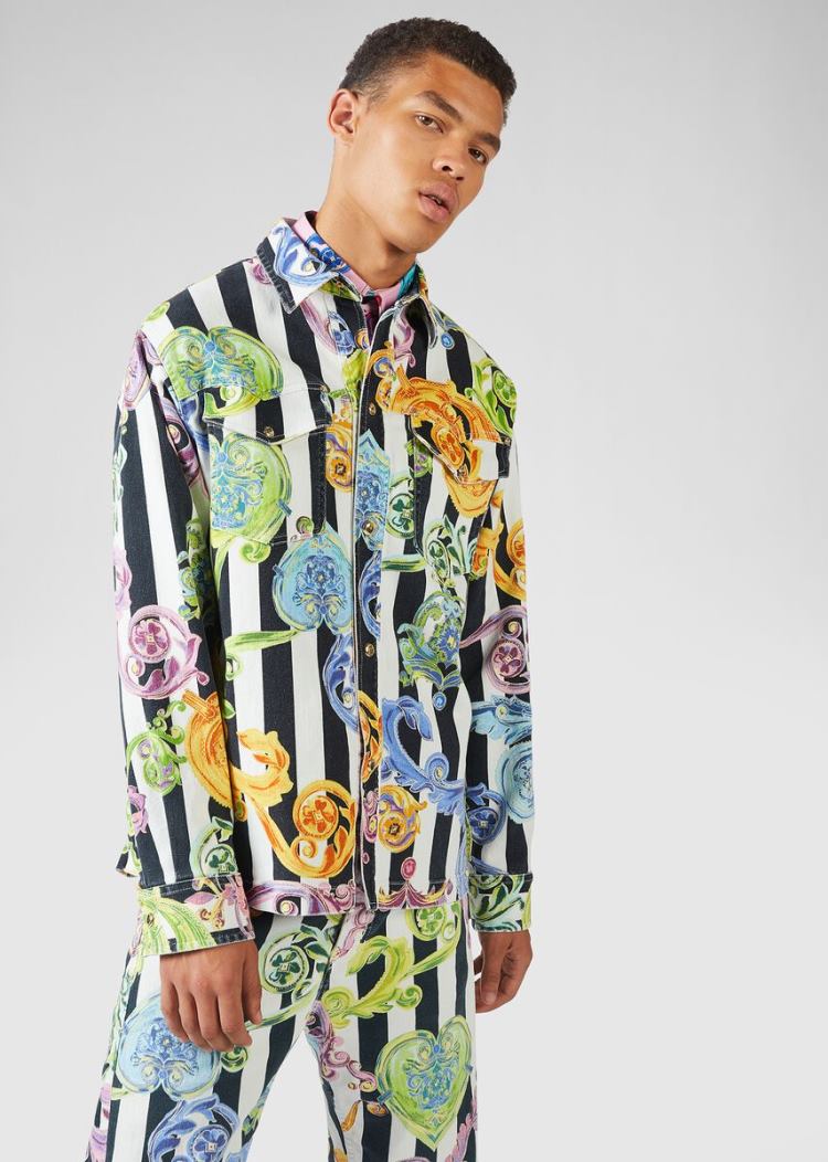 Koszule Jeans Couture Versace Jeans Couture Striped Baroque Jewels Print Denim Shirt Białe | XNTC3IXJC