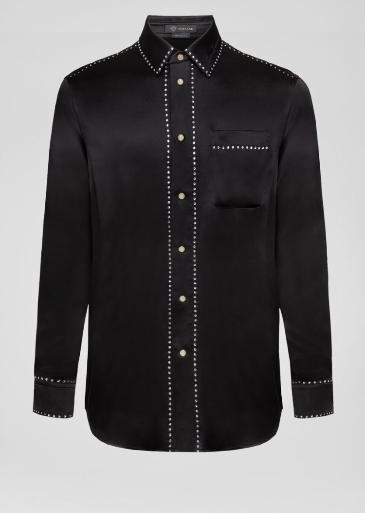 Koszule Męskie Versace Crystal-Embellished Satin Shirt Czarne | Y9XQVA5H3