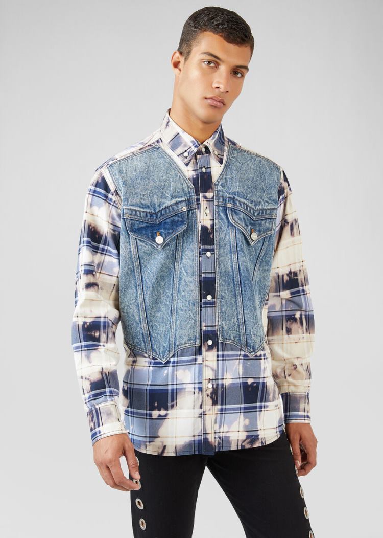 Koszule Męskie Versace Denim Accent Tartan Shirt Kolorowe | TSON92EXD