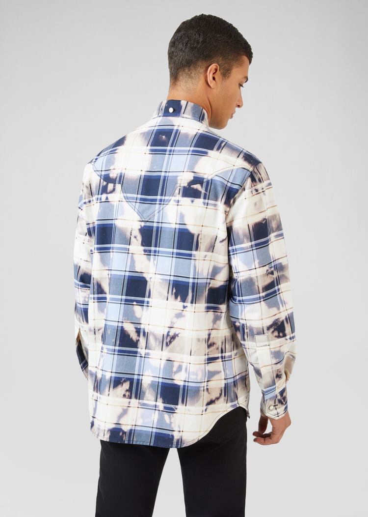 Koszule Męskie Versace Denim Accent Tartan Shirt Kolorowe | TSON92EXD