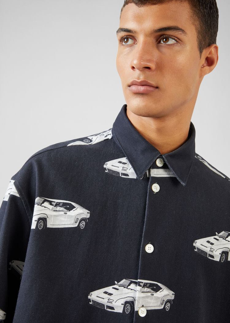 Koszule Męskie Versace Race Car Print Denim Shirt Czarne | A5U5LJGI2