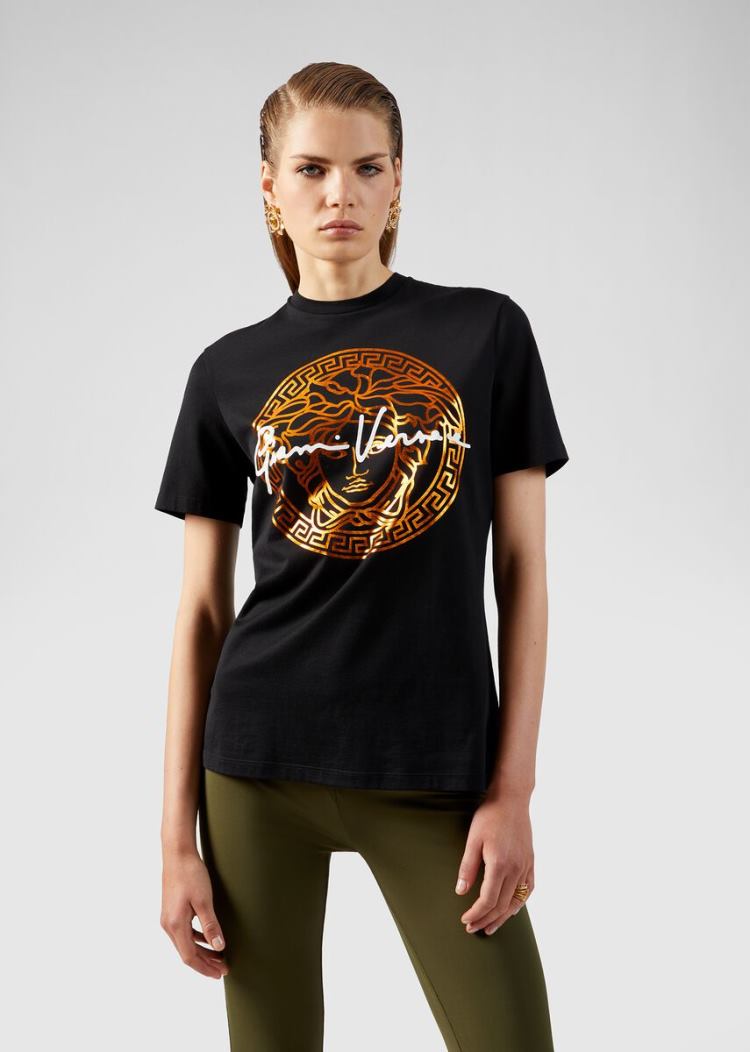 Koszulki Damskie Versace Medusa Signature Motif T Shirt Czarne Złote | 25I7833HM