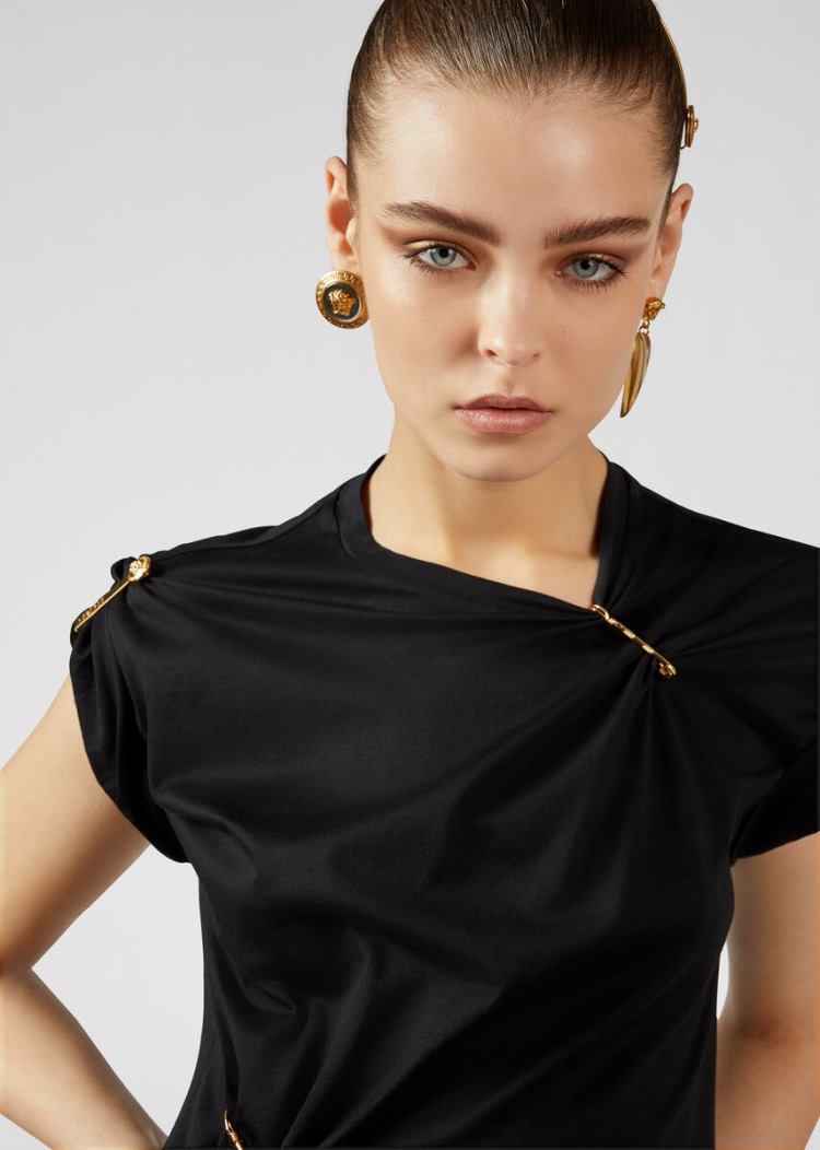 Koszulki Damskie Versace Pin Clip Loose Fit T Shirt Czarne | L76PZENN4