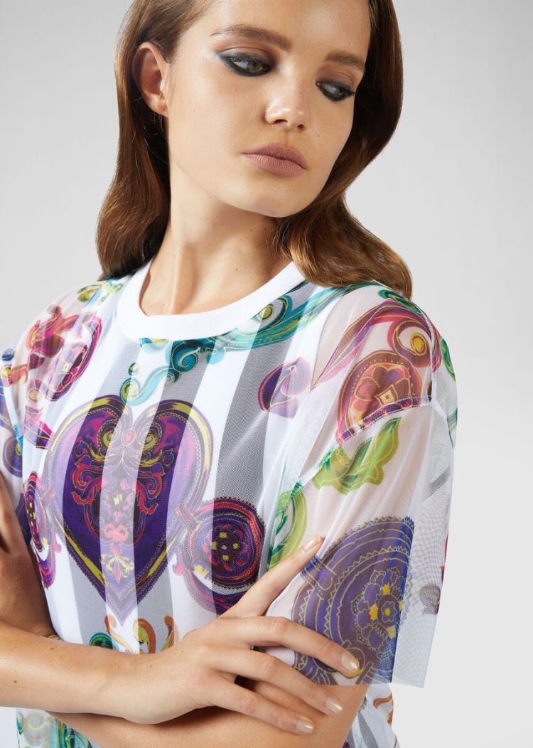 Koszulki Jeans Couture Versace Jeans Couture Multicolor Baroque Jewels Print T Shirt Białe | 5CYU6COU8