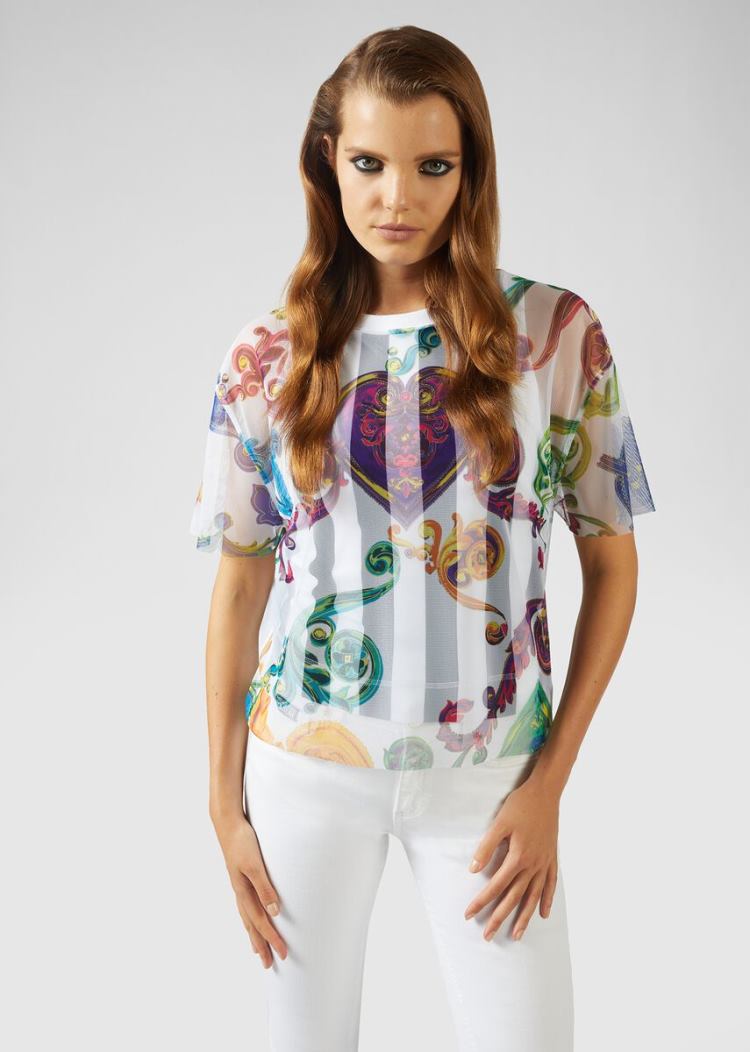 Koszulki Jeans Couture Versace Jeans Couture Multicolor Baroque Jewels Print T Shirt Białe | 5CYU6COU8