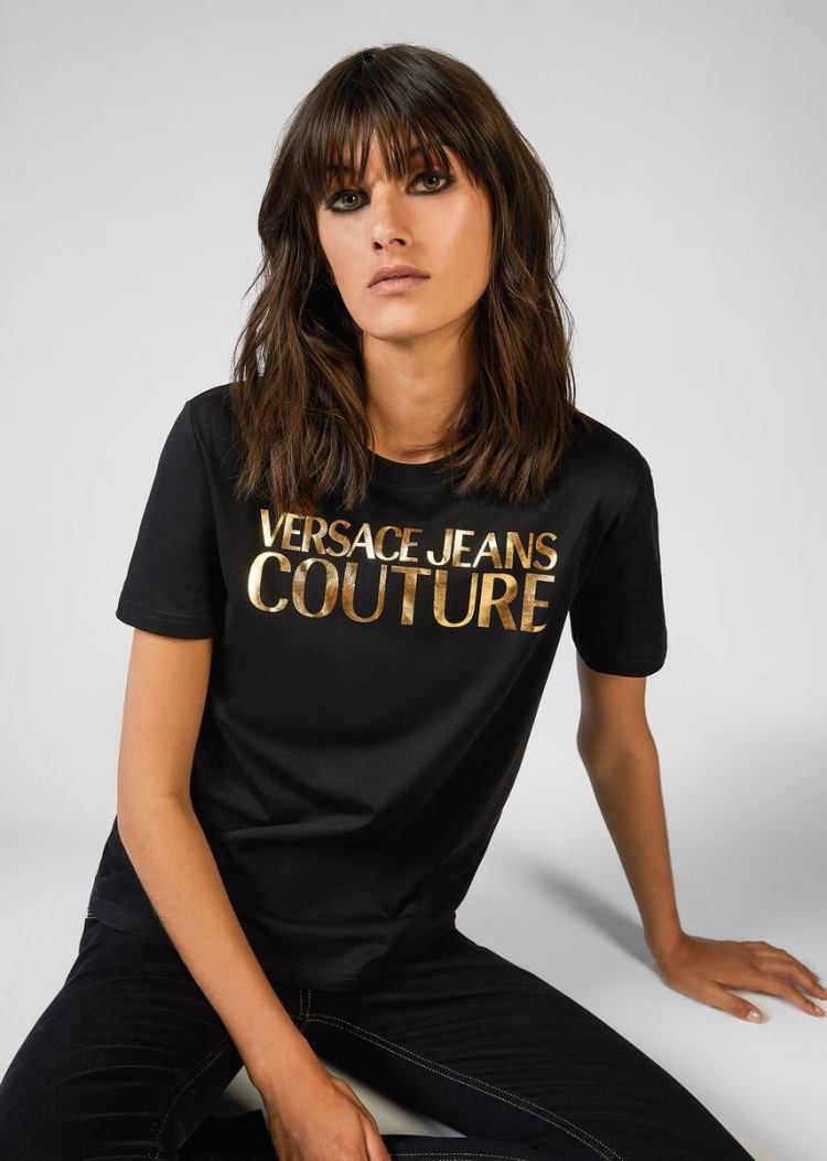 Koszulki Jeans Couture Versace Jeans Couture Gold Logo Bawełniane T Shirt Czarne | FCUTVN2U3