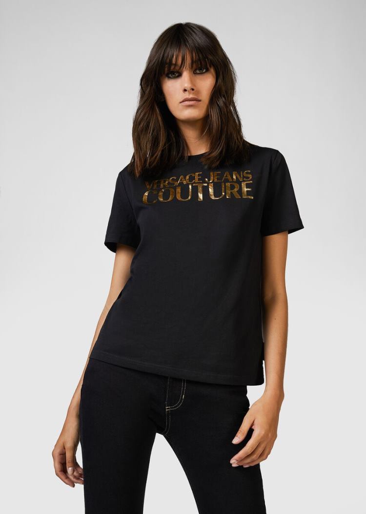 Koszulki Jeans Couture Versace Jeans Couture Gold Logo Bawełniane T Shirt Czarne | FCUTVN2U3