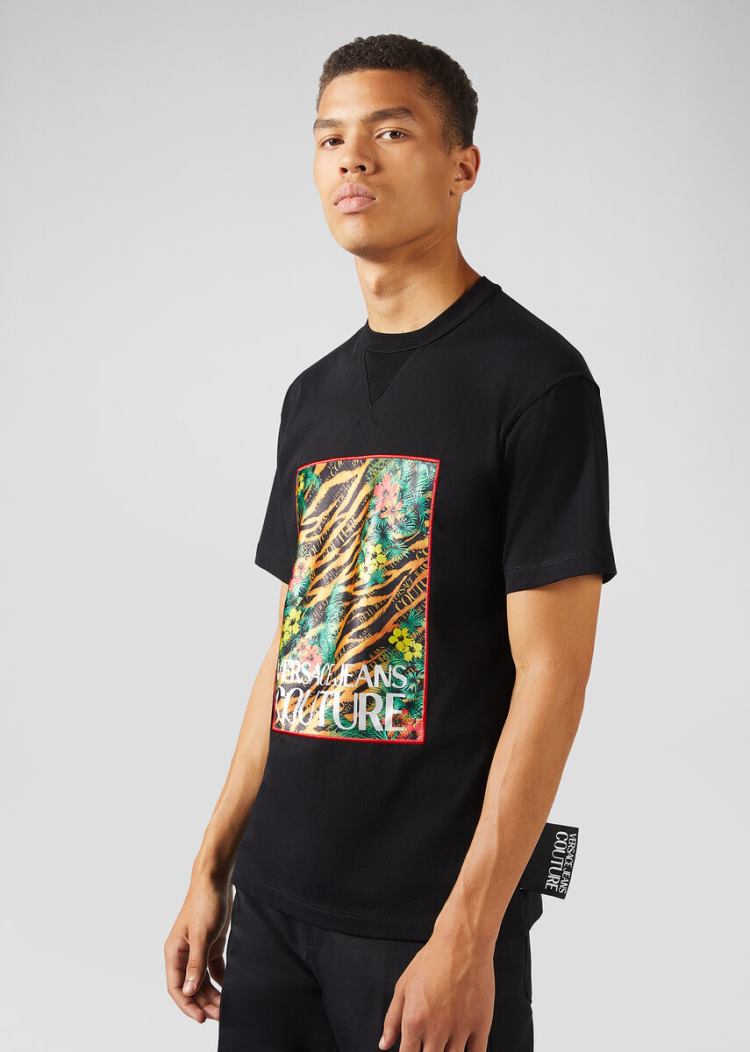 Koszulki Jeans Couture Versace Jeans Couture Tropical Tiger Print T Shirt Czarne | N28ZDMKBY