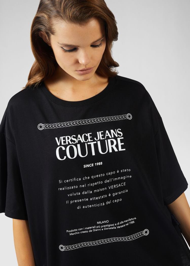 Koszulki Jeans Couture Versace Jeans Couture Etichetta detail Bawełniane T Shirt Czarne | S5OOY88K2