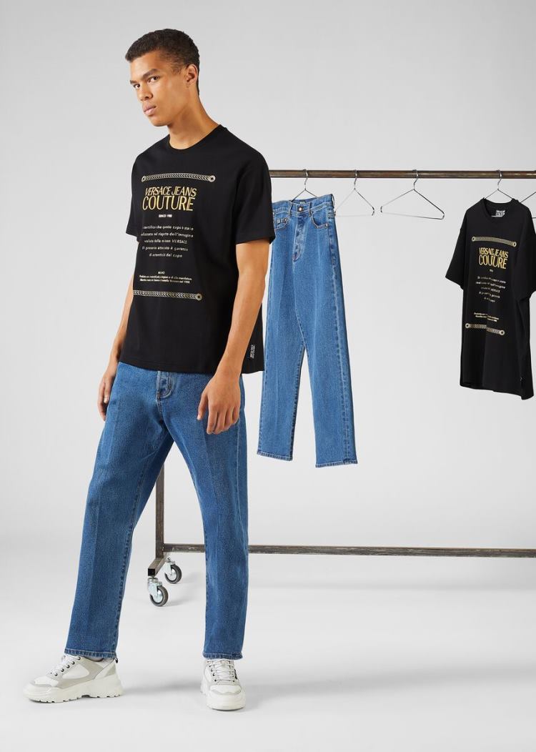 Koszulki Jeans Couture Versace Jeans Couture Etichetta detail Bawełniane T Shirt Czarne | U70X8B6L0