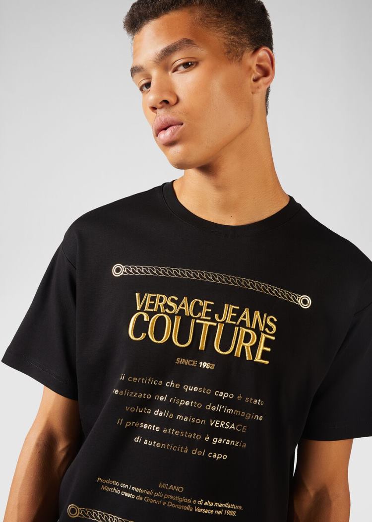 Koszulki Jeans Couture Versace Jeans Couture Etichetta detail Bawełniane T Shirt Czarne | U70X8B6L0