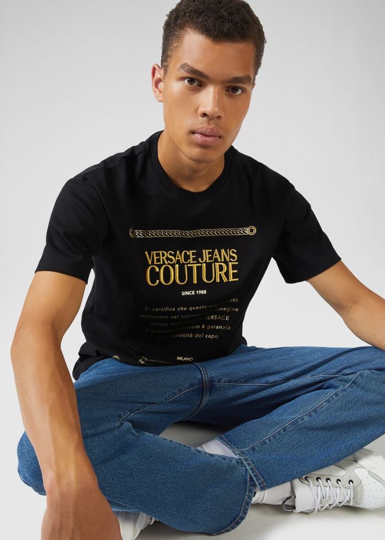Koszulki Jeans Couture Versace Jeans Couture Etichetta detail Bawełniane T Shirt Czarne | U70X8B6L0