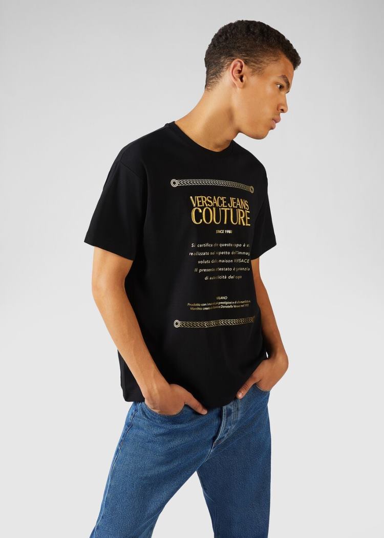 Koszulki Jeans Couture Versace Jeans Couture Etichetta detail Bawełniane T Shirt Czarne | U70X8B6L0