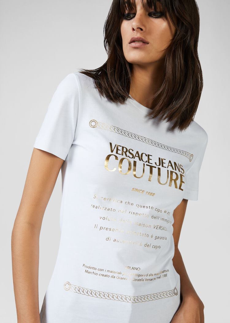 Koszulki Jeans Couture Versace Jeans Couture Etichetta Print T Shirt Białe | UYYEVSMQQ