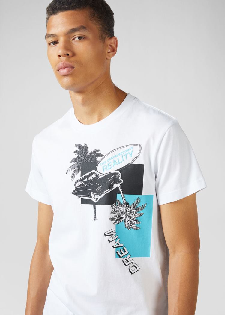 Koszulki Jeans Couture Versace Jeans Couture Palms and Cars Motif T Shirt Białe | YY53SBQVV