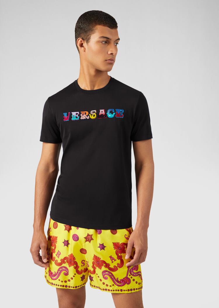 Koszulki Męskie Versace Embroidered Logo T Shirt Czarne | G8AKSFHGT