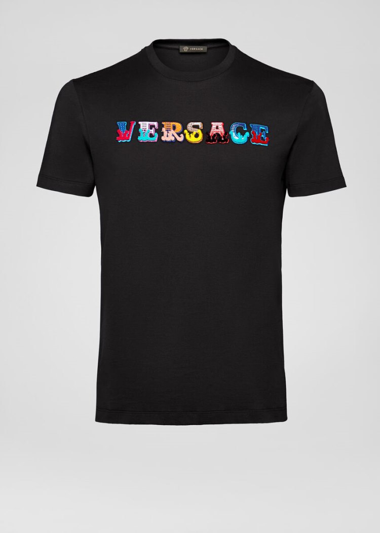 Koszulki Męskie Versace Embroidered Logo T Shirt Czarne | G8AKSFHGT