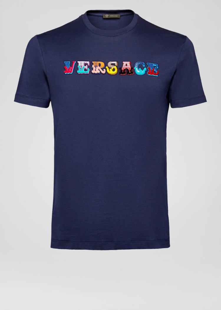 Koszulki Męskie Versace Embroidered Logo T Shirt Niebieskie | NWCMGCLJL