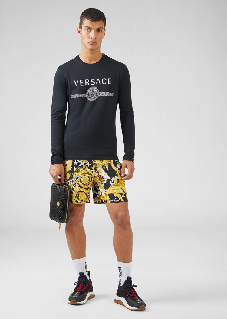 Koszulki Męskie Versace Logo Long Sleeve T Shirt Czarne | U9QLGJCDI