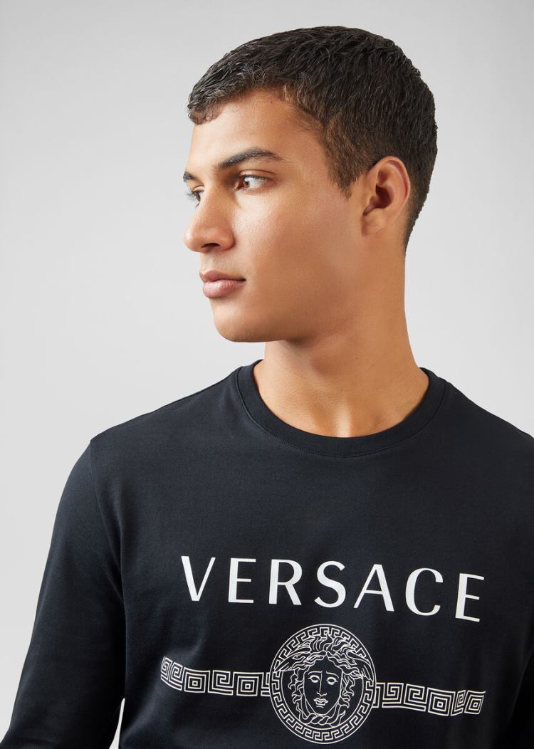 Koszulki Męskie Versace Logo Long Sleeve T Shirt Czarne | U9QLGJCDI