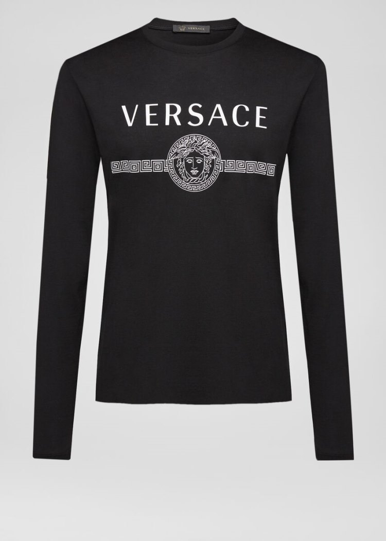 Koszulki Męskie Versace Logo Long Sleeve T Shirt Czarne | U9QLGJCDI