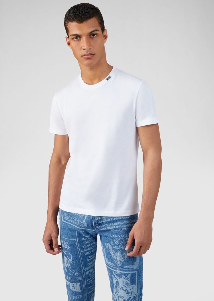 Koszulki Męskie Versace Logo Tab T Shirt Białe | CUPXB0II5