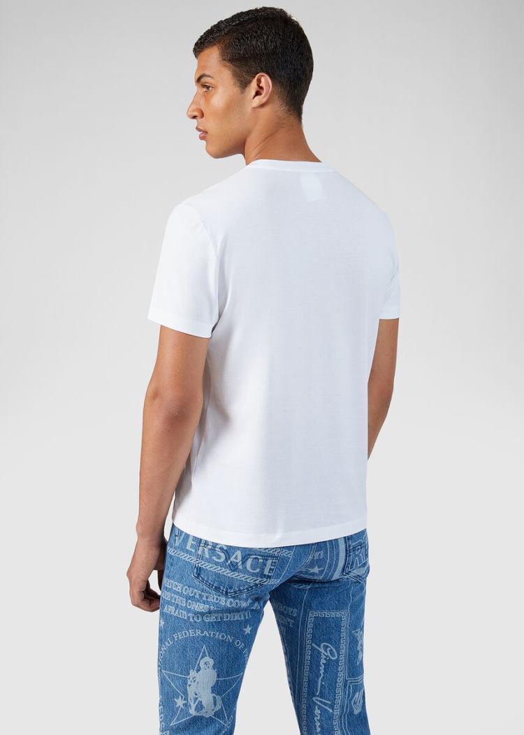 Koszulki Męskie Versace Logo Tab T Shirt Białe | CUPXB0II5