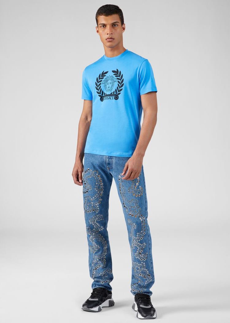 Koszulki Męskie Versace Medusa Print T Shirt Niebieskie | 88SEDORZB