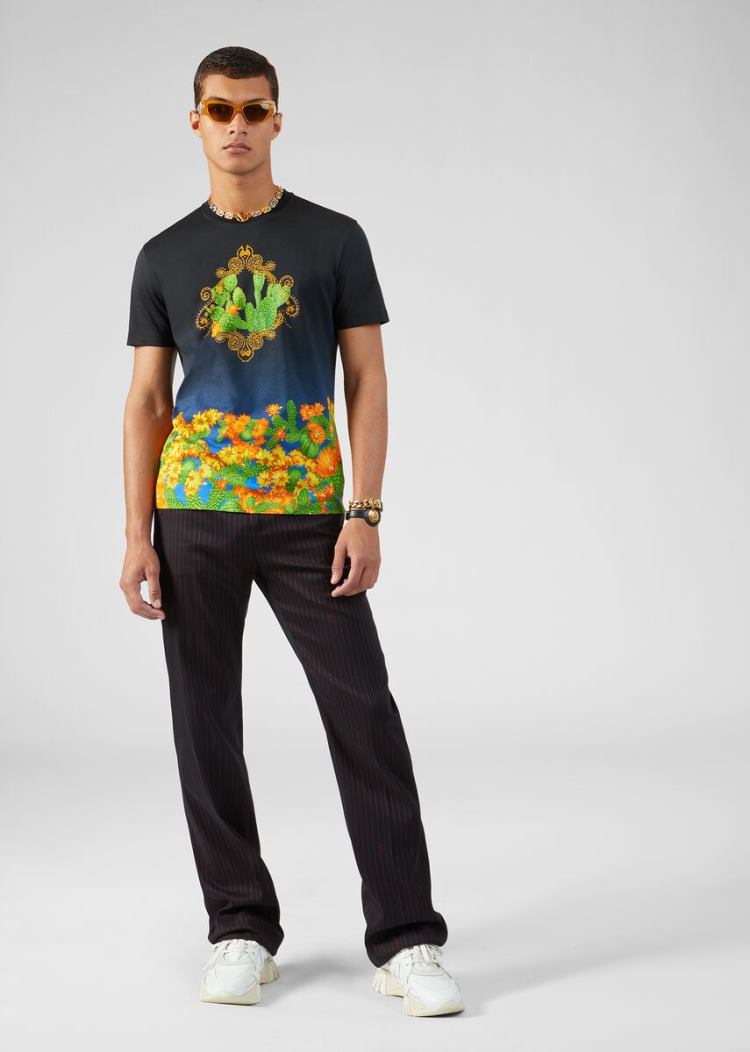 Koszulki Męskie Versace Palm Springs Print T Shirt Kolorowe | 847QII0AI