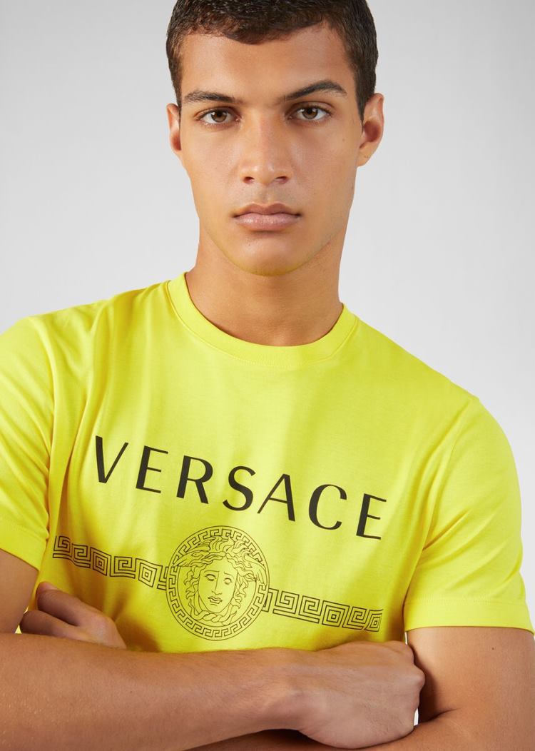 Koszulki Męskie Versace Sustainable Logo Slim Fit T Shirt Żółte | 6SODST0ZO