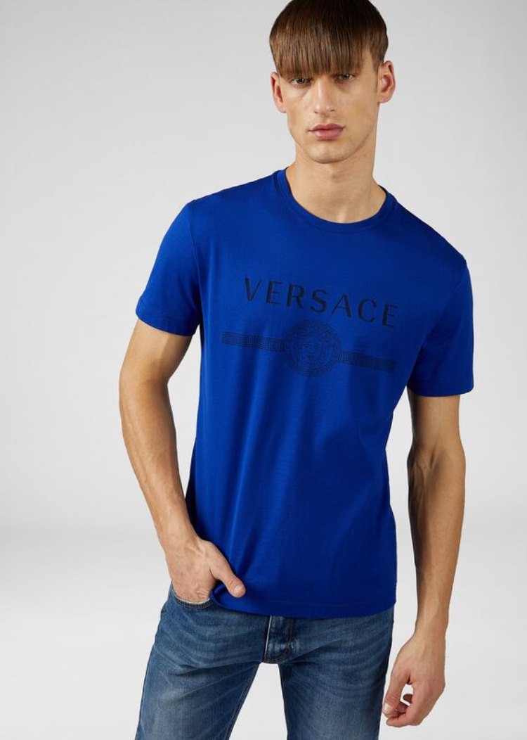 Koszulki Męskie Versace Sustainable Logo Slim Fit T Shirt Królewski Niebieski Niebieskie | L6SKNRJ9A