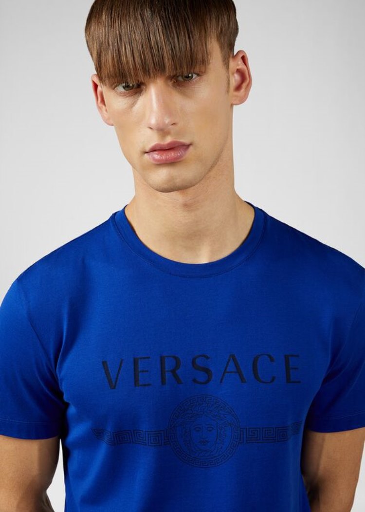 Koszulki Męskie Versace Sustainable Logo Slim Fit T Shirt Królewski Niebieski Niebieskie | L6SKNRJ9A