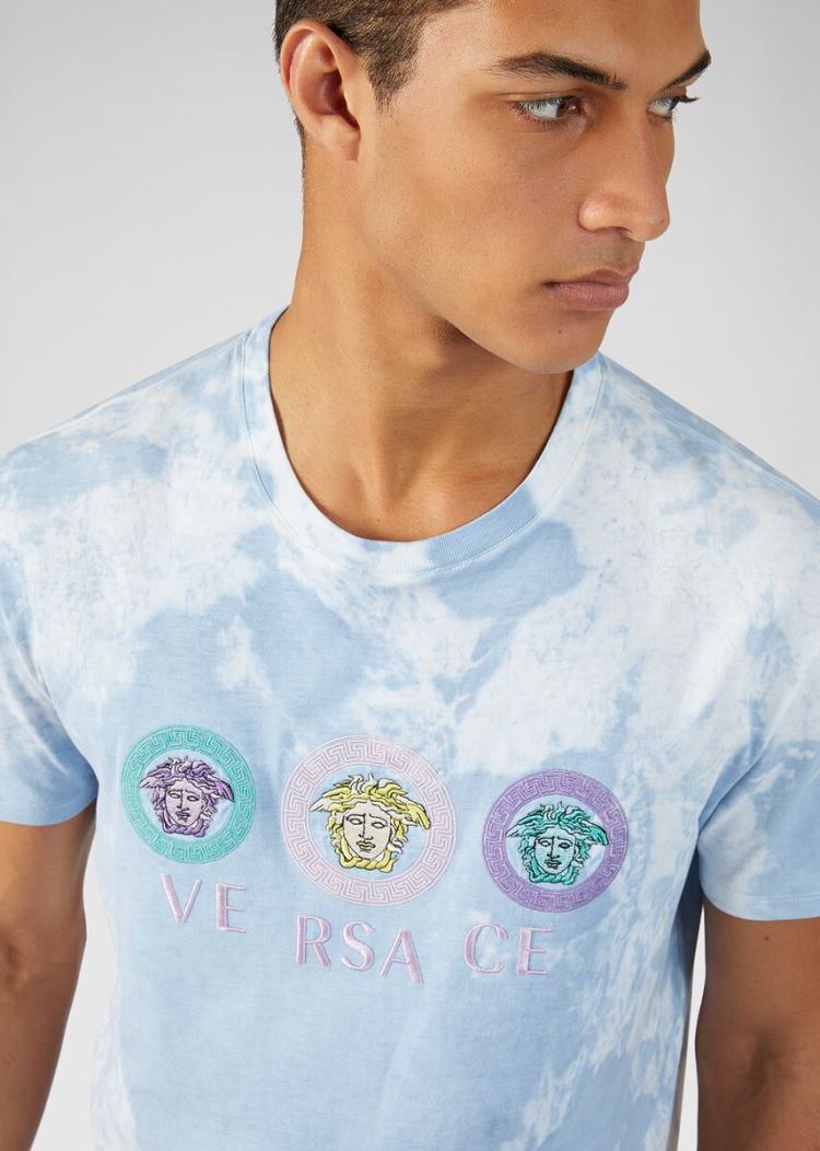 Koszulki Męskie Versace Tye-Die Medusa T Shirt Niebieskie | 7GS1M4X2Q