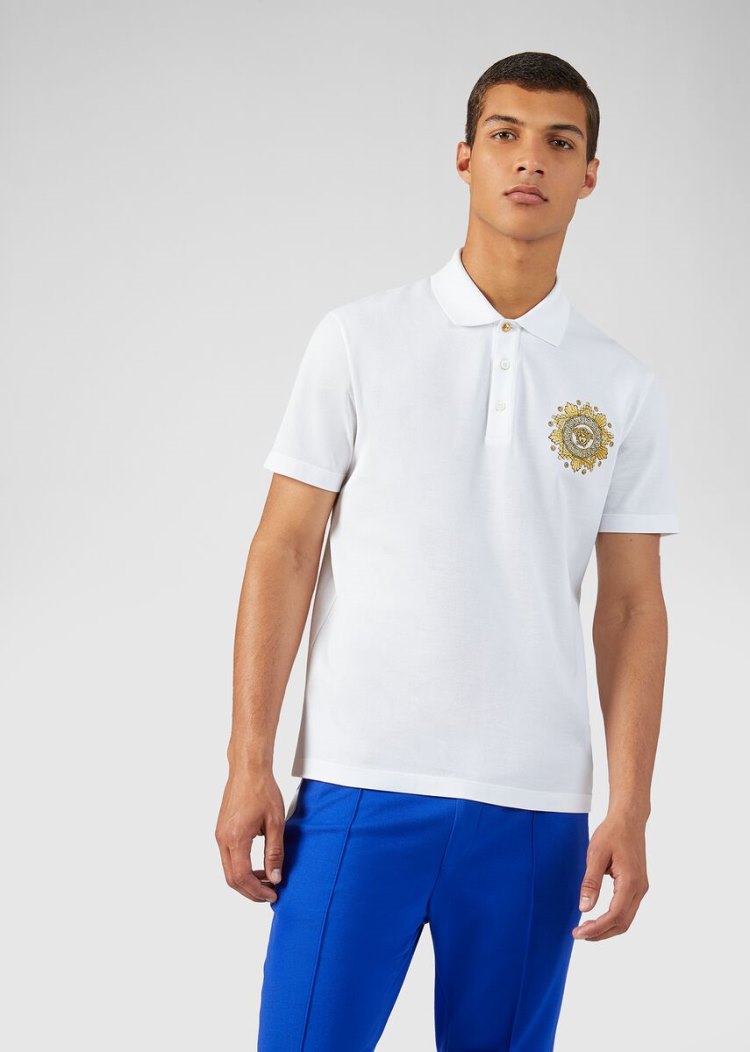 Koszulki Polo Męskie Versace Medusa Embroidered Polo Shirt Białe Złote | OB6OTDQG0