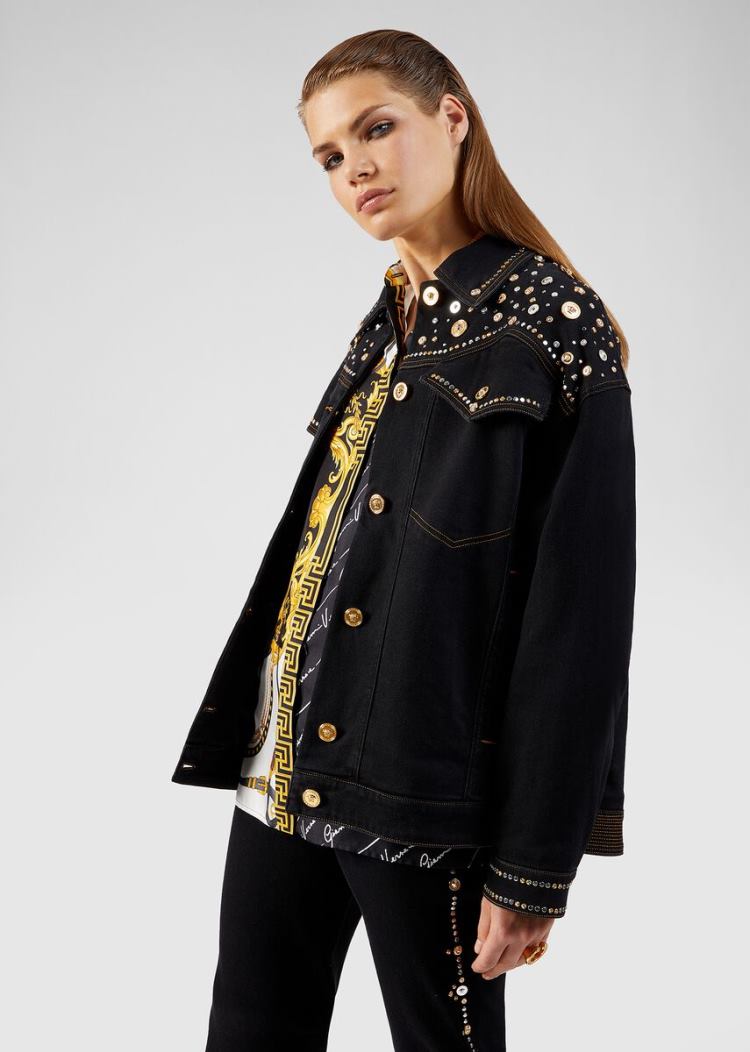 Kurtki Damskie Versace Studded Denim Jacket Czarne | DG841QPC0