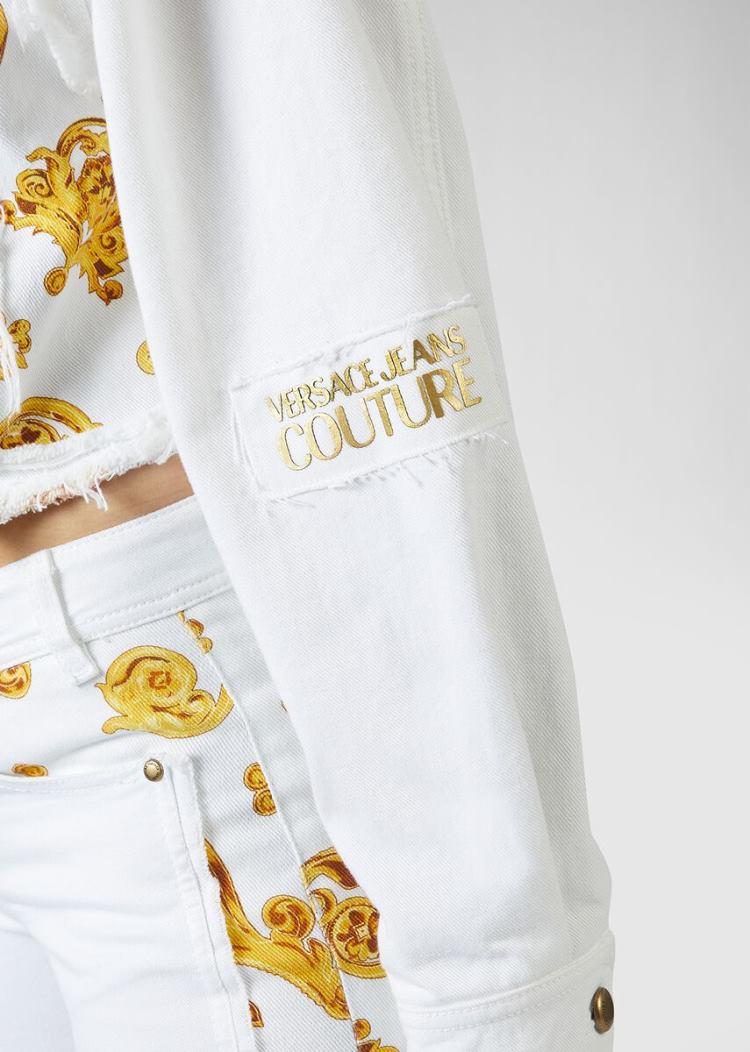 Kurtki Jeans Couture Versace Jeans Couture Baroque Jewels Insert Denim Jacket Białe | JPDNYBCLU