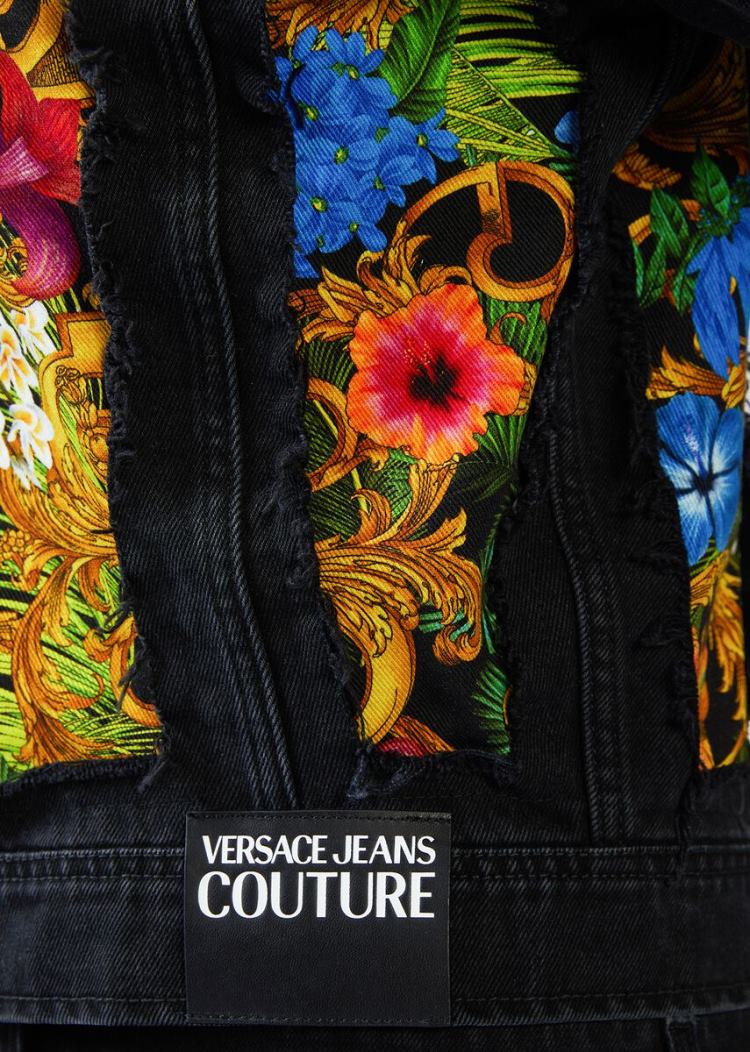 Kurtki Jeans Couture Versace Jeans Couture Tropical Baroque Insert Denim Jacket Czarne | KFAFWDMZZ